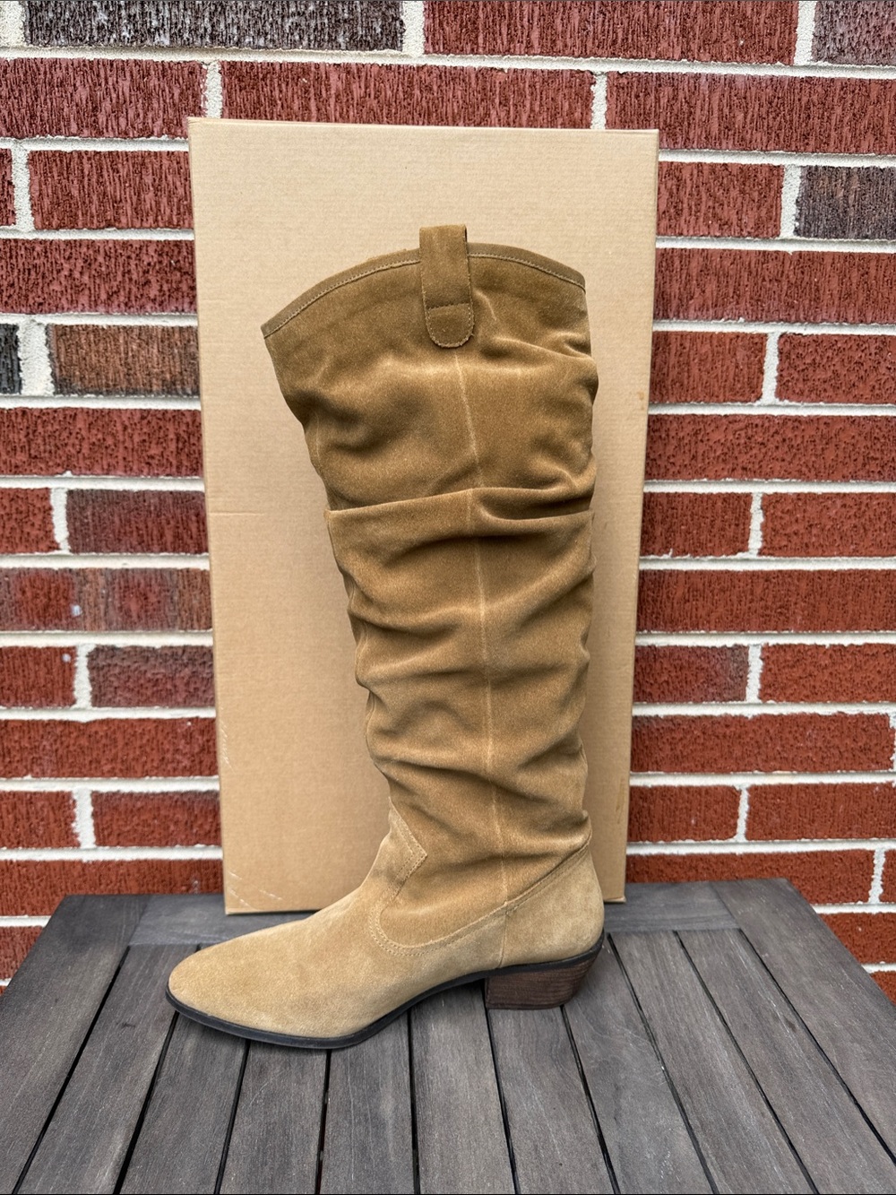 Anthropologie Slouchy Suede Knee Boots in Camel Tan
